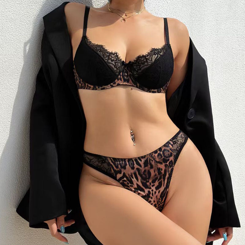 European and American Foreign Trade French Style Lingerie Women Sexy Thin Cotton Leopard Lace Lingerie Big Chest Minimizer Anti-Sagging Bra Set