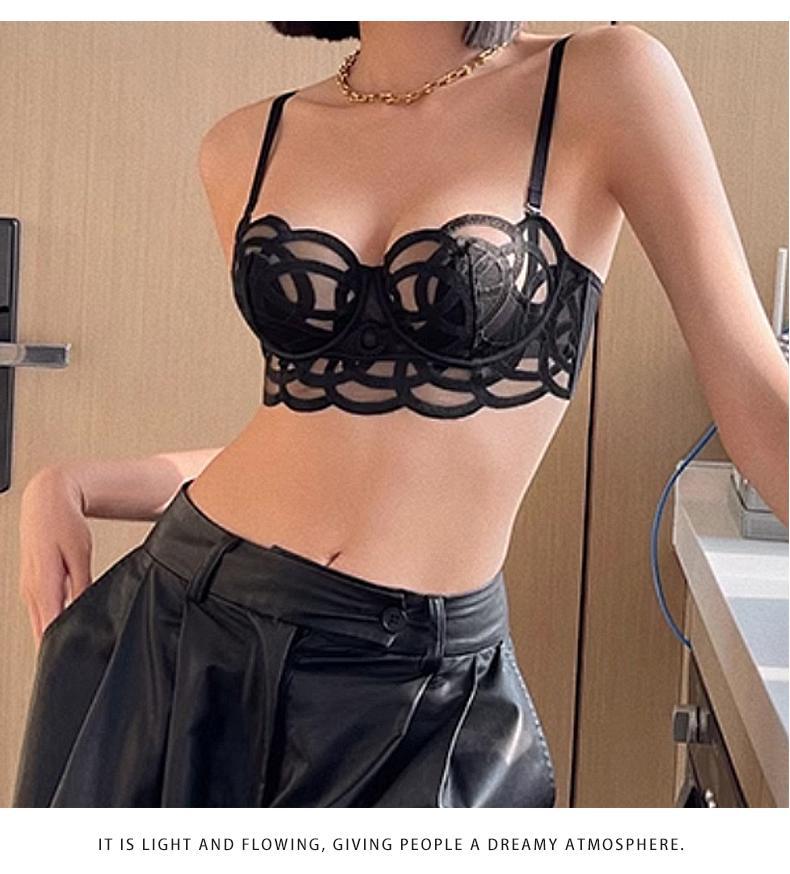 French Style Sexy Lingerie for Women, Thin Transparent Breathable Lace Bra, Minimizing Large Bust, Side Breast Collection, Push-Up Bra Set