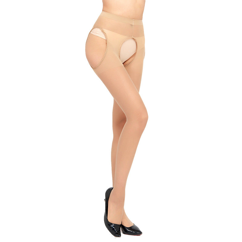 Sexy Core-Spun Silk Four-Cut Hollow Lace Erotic Stockings Four-Sided Crotch-Free Temptation Base Pantyhose7504