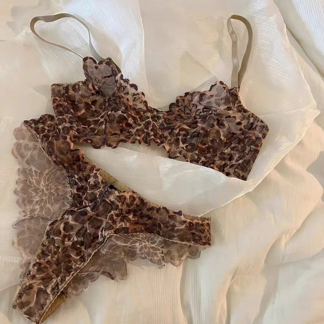 Cross-Border French Style Lingerie Sexy Ultra-Thin Leopard Print Lace Bra Set for Large Busts Minimizing Anti-Sagging