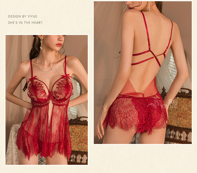 Yiyue Sexy Lingerie Sexy Strap Lace Temptation Underwire Push-Up Nightdress Hot See-Through Open Crotch Uniform8536