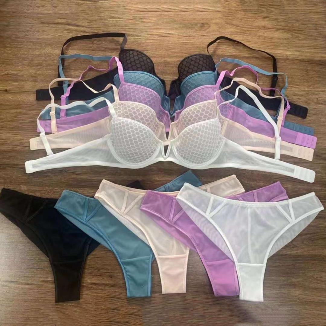 Cross-Border European and American Sexy Lingerie Set Ultra-Thin Honeycomb Pattern Soft Underwire Bra Large Bust Minimizer Anti-Sagging Bra for Women