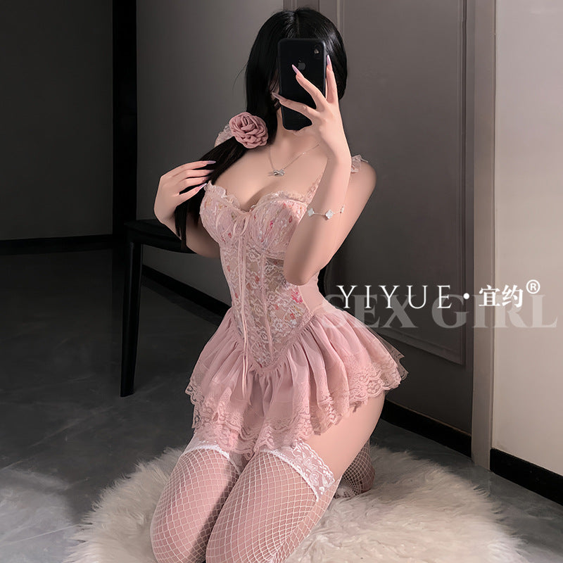 Yiyue Sexy Plus Size Floral Fishbone Push-Up Vest Dress Women's Lingerie Lace Temptation Set Nightwear1208