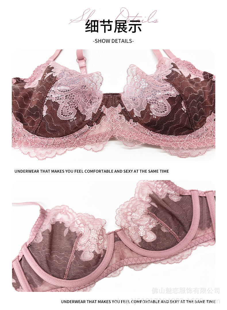 Cross-Border European and American Sexy Lingerie Set Ultra-Thin Lace French Bra Large Bust Minimizer Thong Two-Piece Set