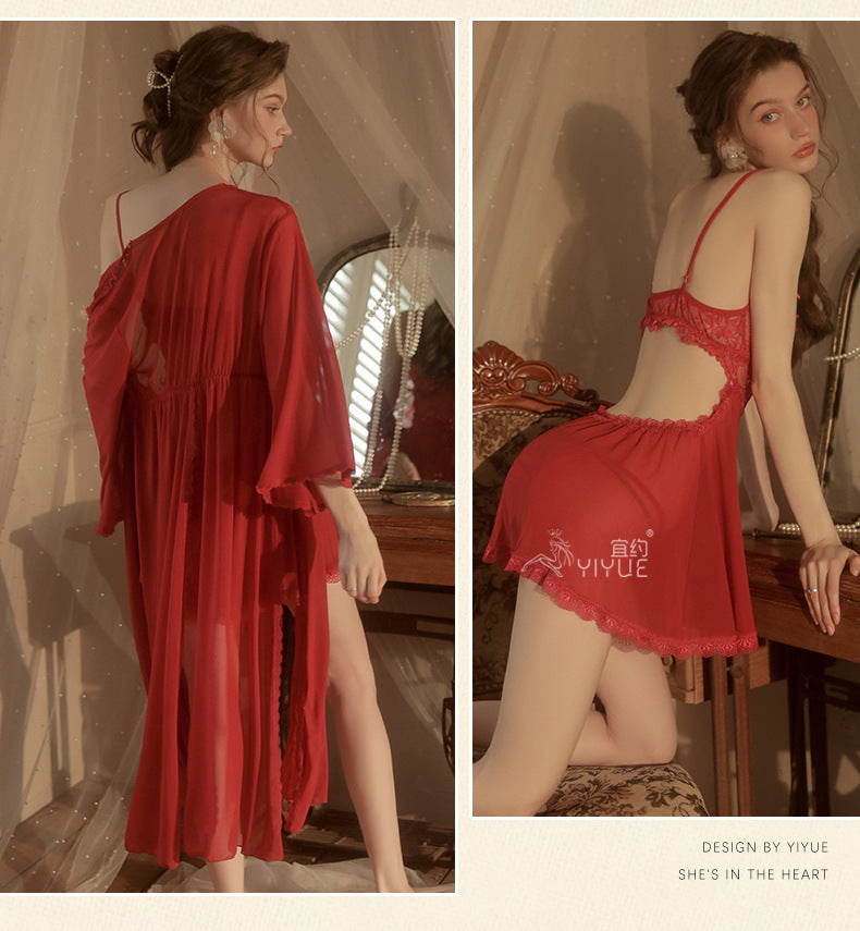 Yiyue Sexy Lingerie Sexy Strap Lace Temptation Nightdress Hot See-through Mesh Plus Size Nightgown Set8449