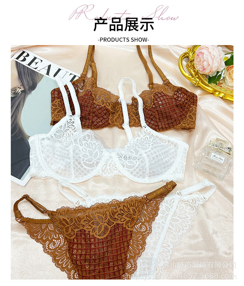 Cross-Border European and American Style French Lingerie Sexy See-Through Mesh Lace Plaid Large Bust Minimizer Push-Up Bra Set