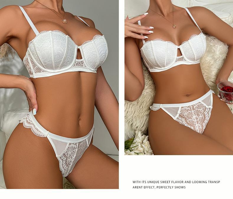 Cross-Border European and American Sexy Lingerie Half Cup Hollow Embroidery Lace Bra Small Chest Push-Up Side Breast Collection Lingerie Set