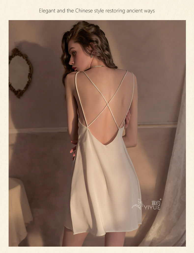 Yiyue Sexy Lingerie Sexy Ice Silk Strap Hollow Nightdress for Women Hot Passion Temptation Sleepwear Homewear8331