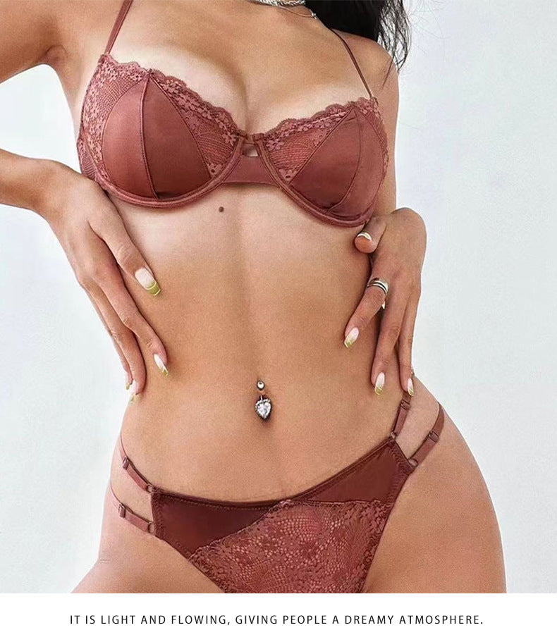 French Style Sexy Lingerie for Women Lace Girl Satin Embroidery Print Large Bust Minimizer Push-Up Bra Set