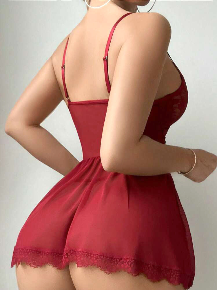Cross-Border European and American Style French Sexy Nightdress Women's Lace See-Through Temptation Tie Mesh Strap One-Piece Lingerie