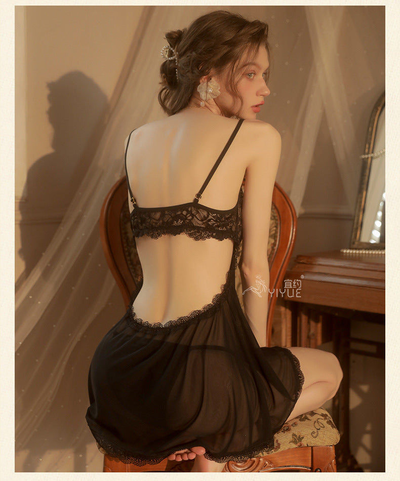 Yiyue Sexy Lingerie Sexy Strap Lace Temptation Nightdress Hot See-through Mesh Plus Size Nightgown Set8449