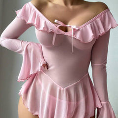 European and American Cross-Border Sexy Lingerie Set Long Sleeve Off-Shoulder Tie Bow Ruffle One-Piece Nightdress
