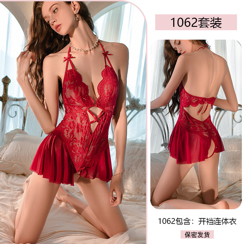 Yiyue Sexy Lingerie Lace Halter Temptation Bodysuit Women Open Crotch Uniform No-Remove Pajama Set1062