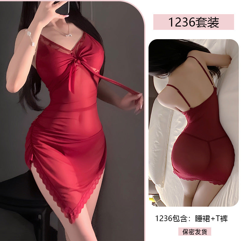 Yiyue Sexy Lingerie Lace Temptation Nightdress Pure Desire Mesh Lace-Up Slim Fit Bodycon No-Remove Sleepwear1236