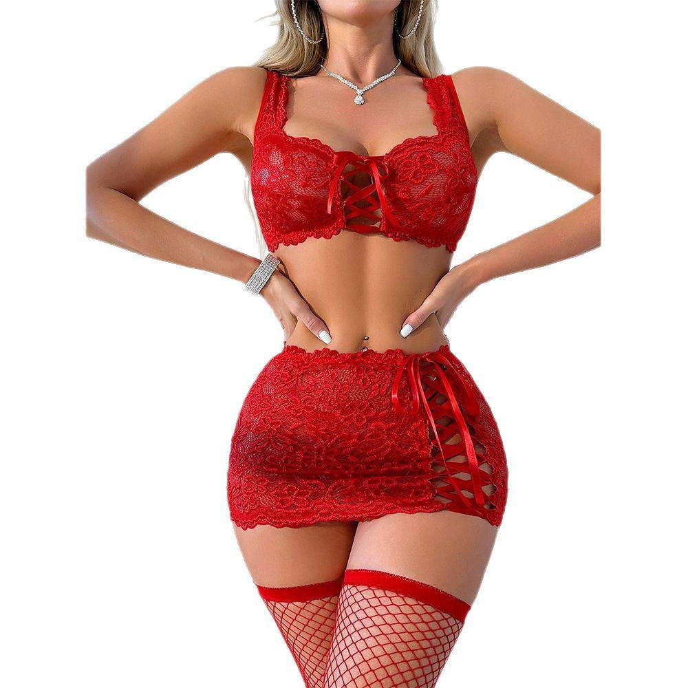 Cross-Border European and American Sexy Lingerie Women Sexy Red Hot Lace See-Through Temptation Short Skirt Thong Three-Piece Set