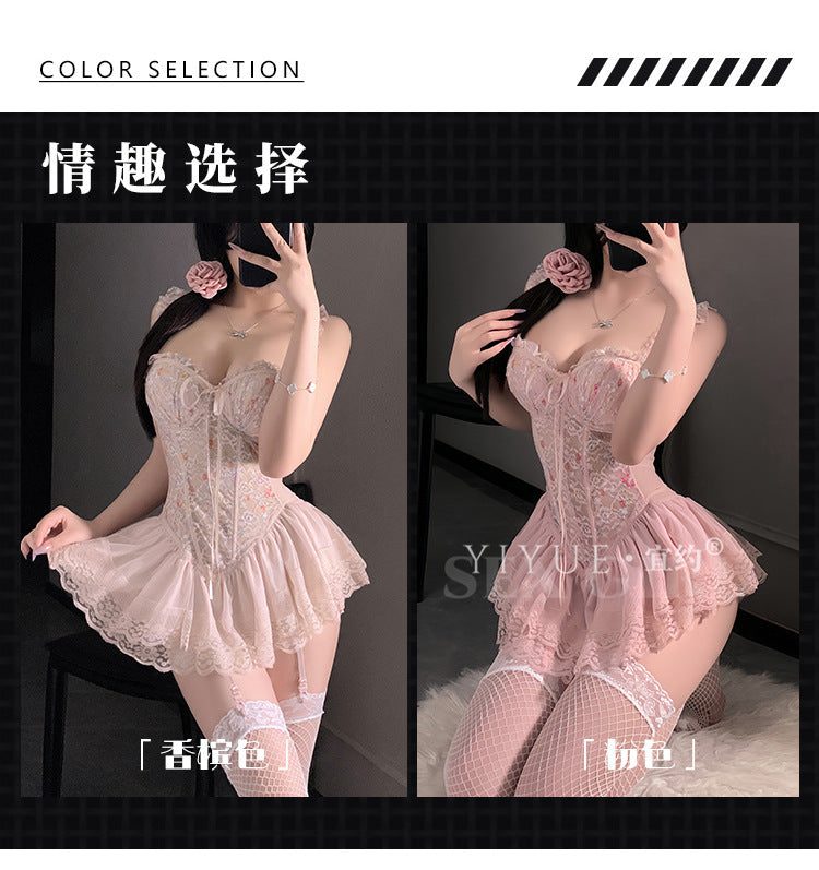 Yiyue Sexy Plus Size Floral Fishbone Push-Up Vest Dress Women's Lingerie Lace Temptation Set Nightwear1208