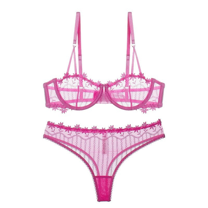 Cross-Border European and American Style French Lace Sexy Lingerie Ultra-Thin See-Through Half-Cup Embroidery Big Chest Minimizer Sexy Lingerie Set