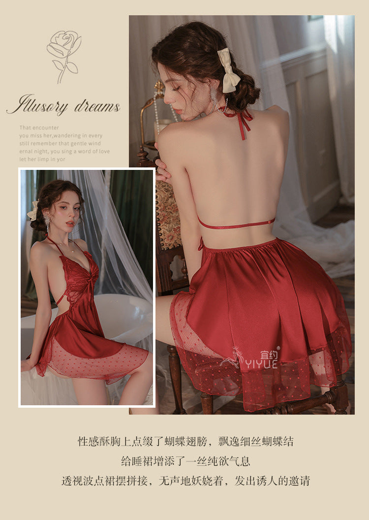 Yiyue Sexy Satin Nightdress Pure Desire Homewear with Chest Pads Bare Back Erotic Lingerie Uniform Pajama Set1125