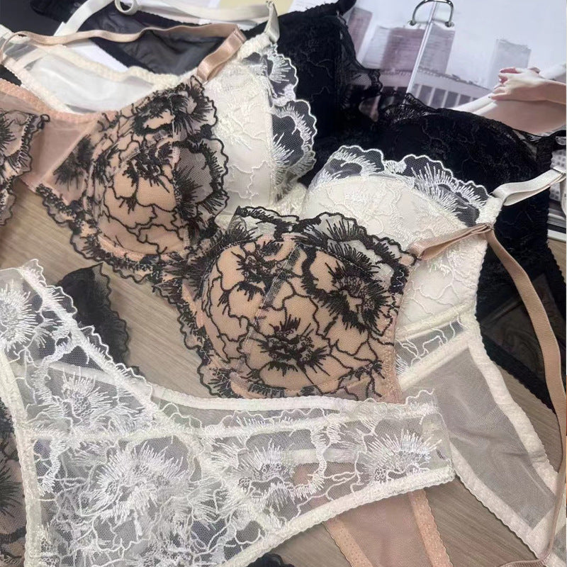 Cross-Border European and American Sexy Lingerie French Style Thin Jacquard Embroidery Lace Lingerie Large Bust Minimizer Anti-Sagging Bra
