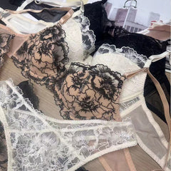 Cross-Border European and American Sexy Lingerie French Style Thin Jacquard Embroidery Lace Lingerie Large Bust Minimizer Anti-Sagging Bra