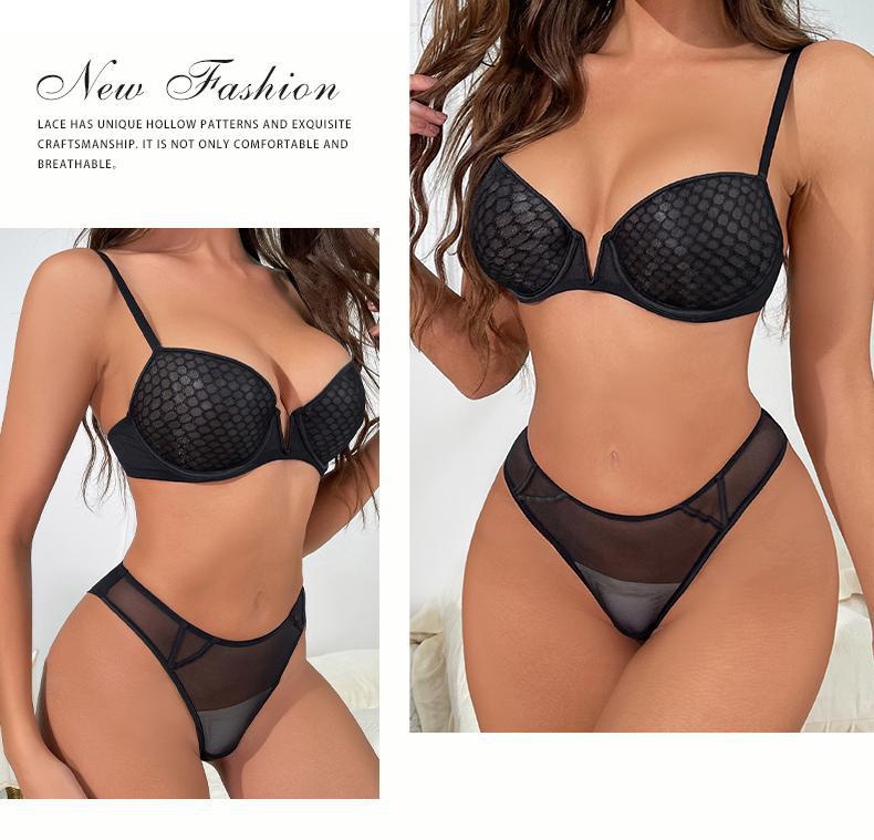Cross-Border French Lace Lingerie Sexy Honeycomb Pattern Ultra-Thin Soft Underwire Bra Large Bust Minimizer Plus Size Bra Set