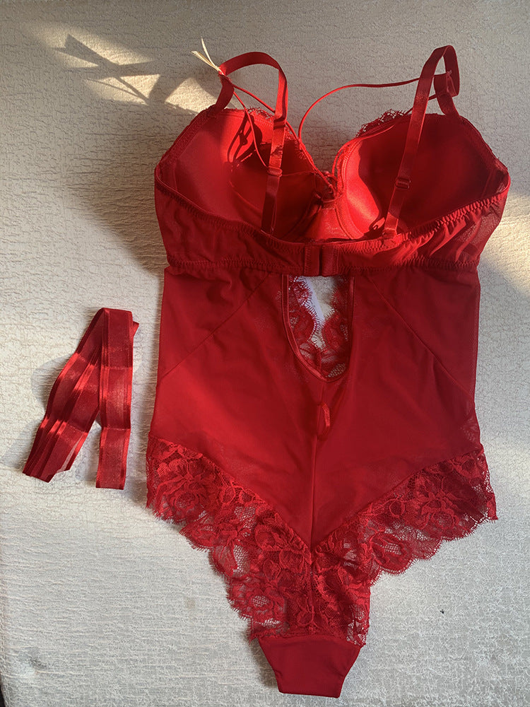 French Style Sexy Bodysuit Temptation Bow Transparent Lace European and American Tight Sexy Jumpsuit