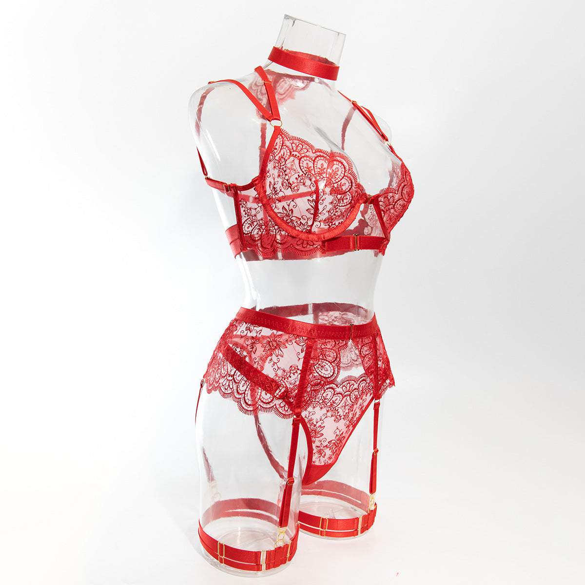 Foreign Trade High-Quality Sexy Lingerie Embroidered Eyelash Edge Large Bust Minimizer Sexy See-Through Front Open Four-Piece Set