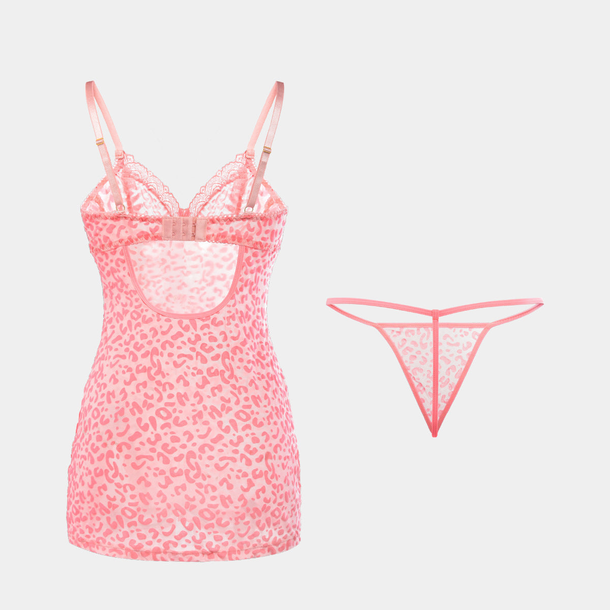 Cross-Border Hot-Selling Sexy Lingerie for Women Pink Leopard Print Thin See-Through Temptation Strap Nightdress Thong Set