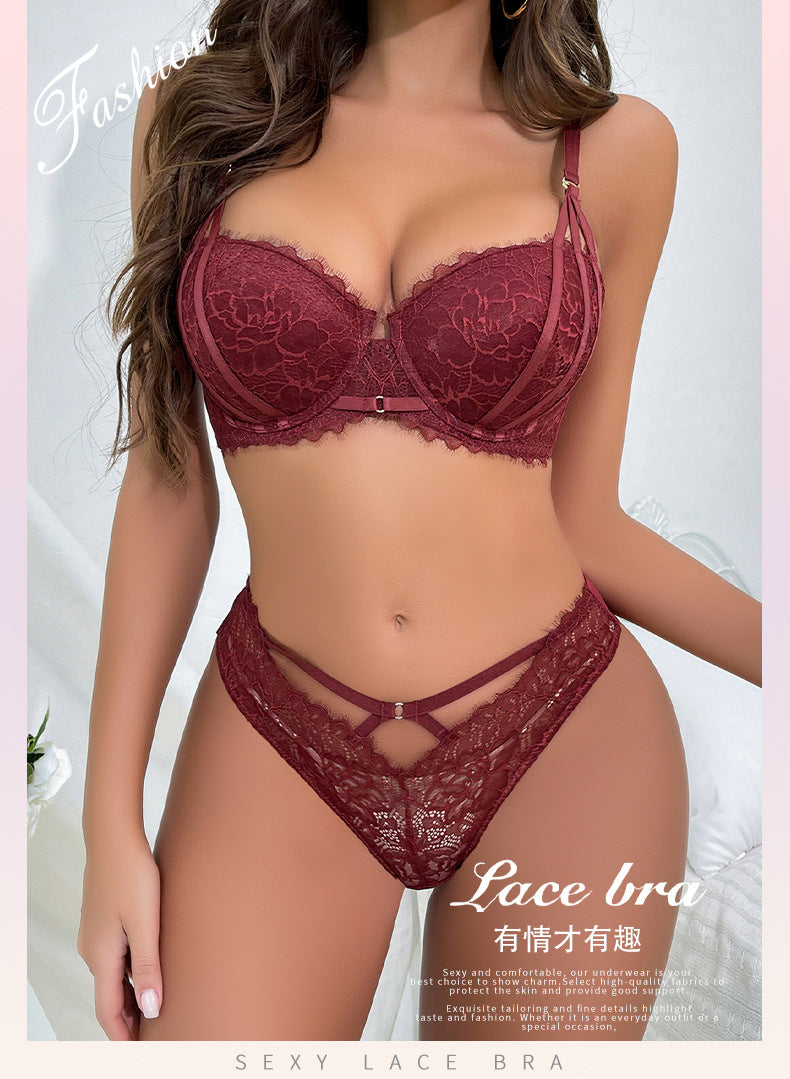 European and American Sexy Lingerie Eyelash Lace Small Chest Enhancing Push-Up Bra Anti-Sagging Side Breast Collection Bra Set