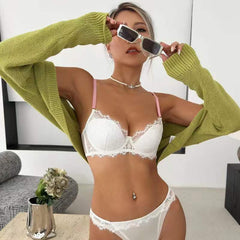 European and American Russian Hot-Selling Sexy Lingerie Lace Small Chest Enhancing Anti-Sagging Embroidered Color-Block Push-Up Bra Set