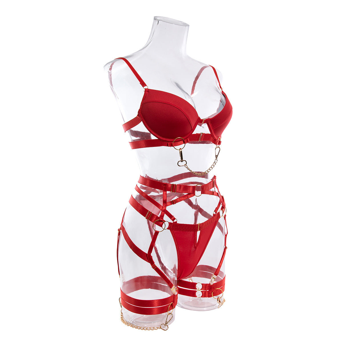 European and American Cross-Border Hot-Selling Sexy Lingerie Big Chest Minimizer Tie-Up Metal Punk Style Erotic Lingerie Women's Four-Piece Set