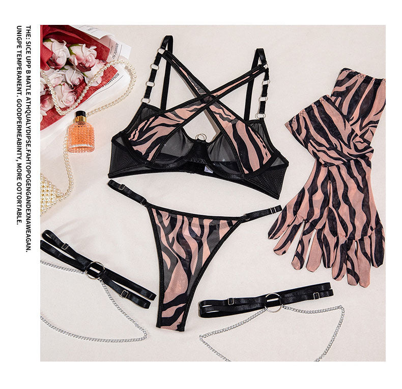 Cross-Border Foreign Trade Hot-Selling Sexy Mesh Leopard Print Metal Chain Lingerie Set with Gloves and Leg Rings Four-Piece Set