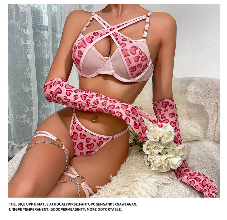 Cross-Border Foreign Trade Hot-Selling Sexy Mesh Leopard Print Metal Chain Lingerie Set with Gloves and Leg Rings Four-Piece Set