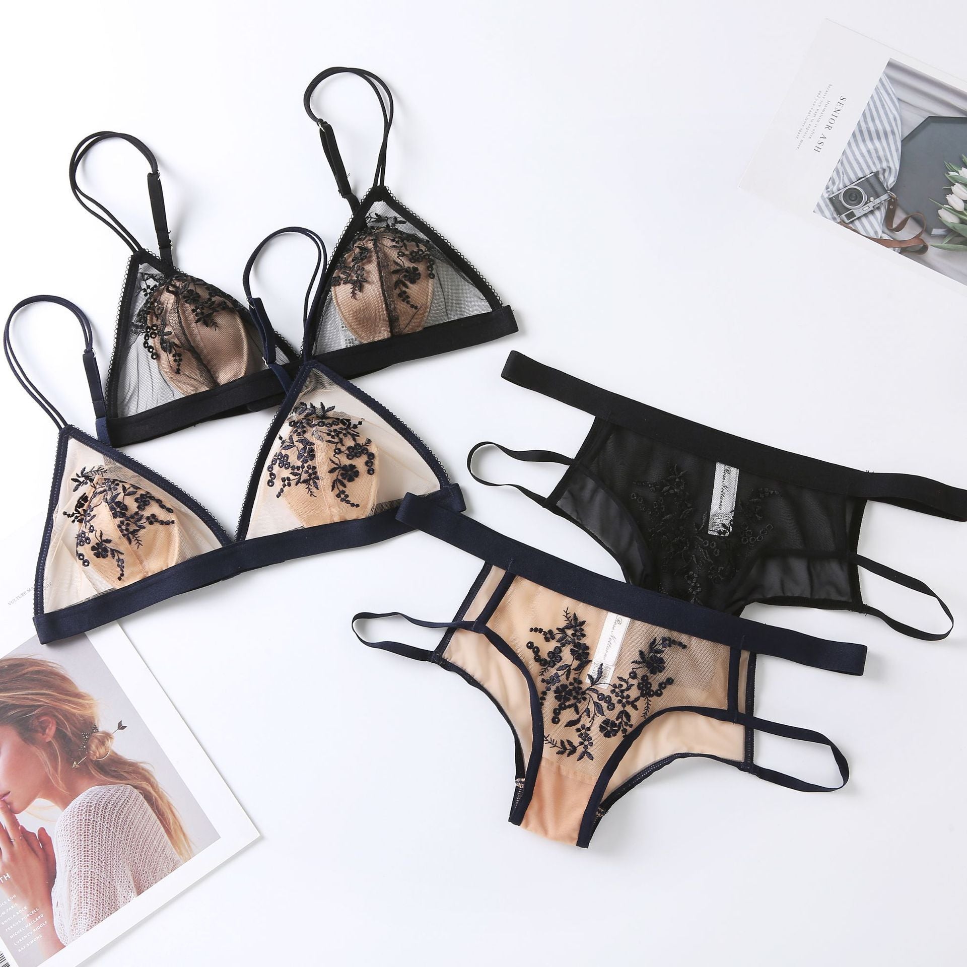 Cross-Border European and American French Style Lingerie Sexy Ultra-Thin See-Through Lace Embroidery Large Bust Minimizer Triangle Cup Bra Set