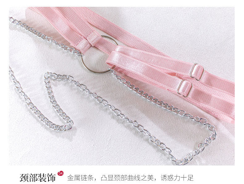 Cross-Border Foreign Trade Hot-Selling Sexy Mesh Leopard Print Metal Chain Lingerie Set with Gloves and Leg Rings Four-Piece Set