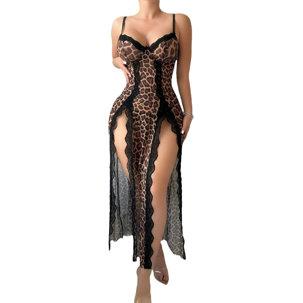 Amazon Cross-Border Sexy Pajamas for Women Leopard Print Sexy Lace Long Dress with Slit See-Through Passion Thong Two-Piece Set