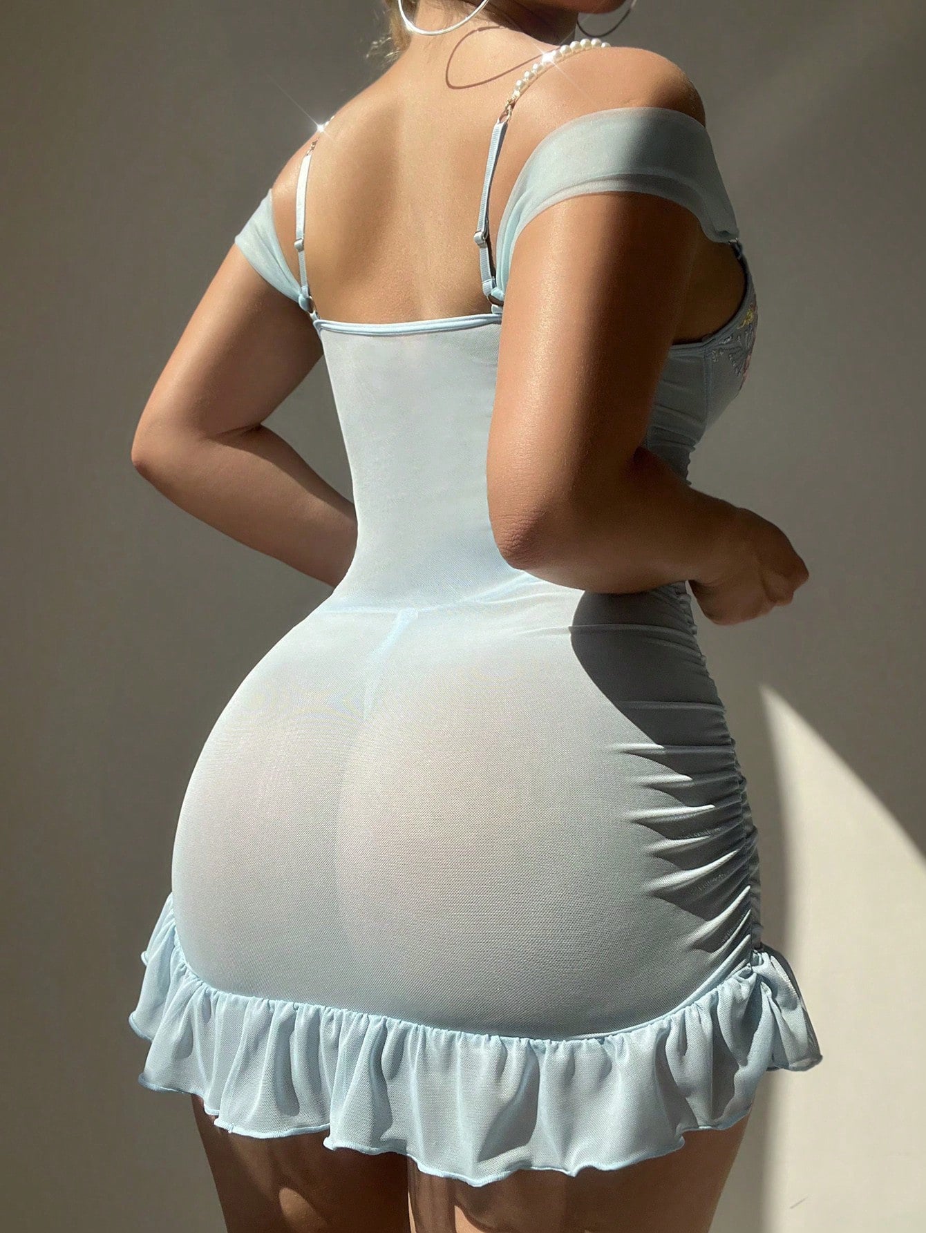 Cross-Border European and American Style Sexy Nightwear for Women Lace Embroidery Print Pearl Strap Nightdress Thong Two-Piece Set